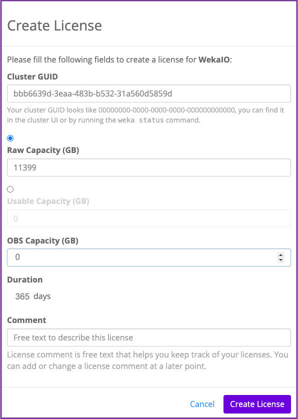 Create license dialog