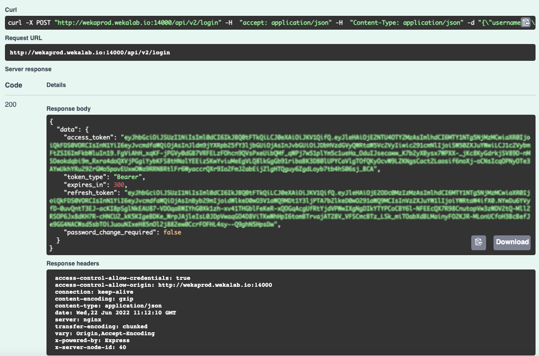 REST API login response example