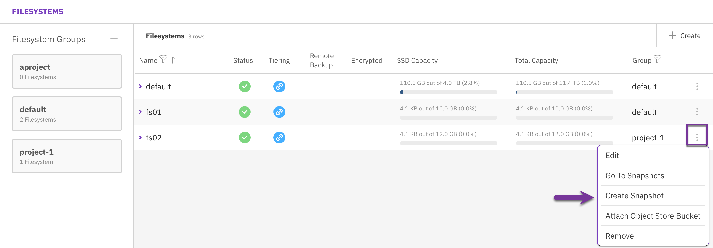 Filesystems menu: Create a snapshot directly from a filesystem