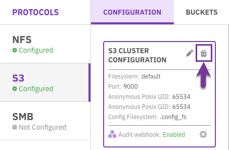 Delete an S3 cluster configuration