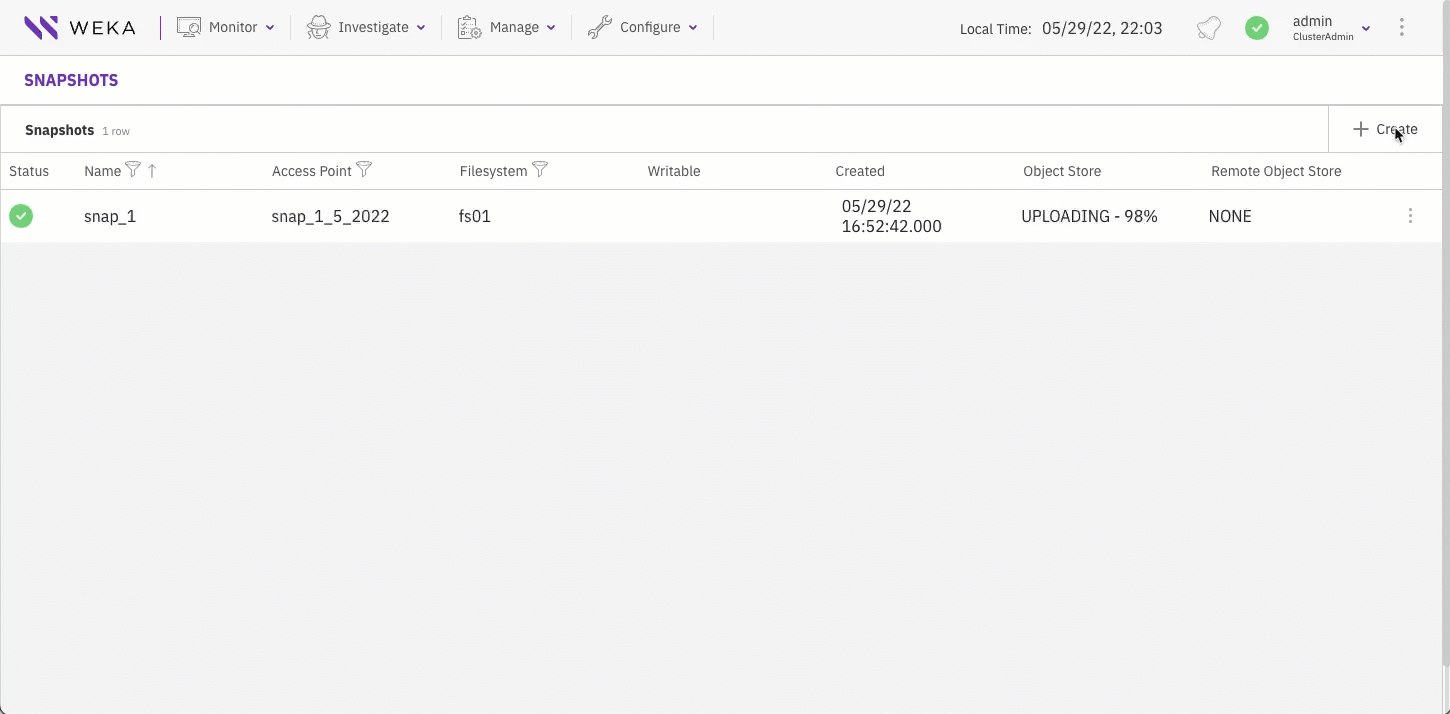 Create a snapshot from the Snapshots page