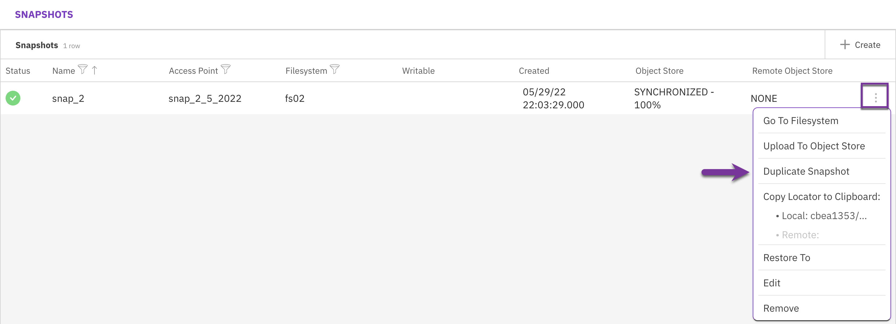 Snapshots menu: Duplicate Snapshot